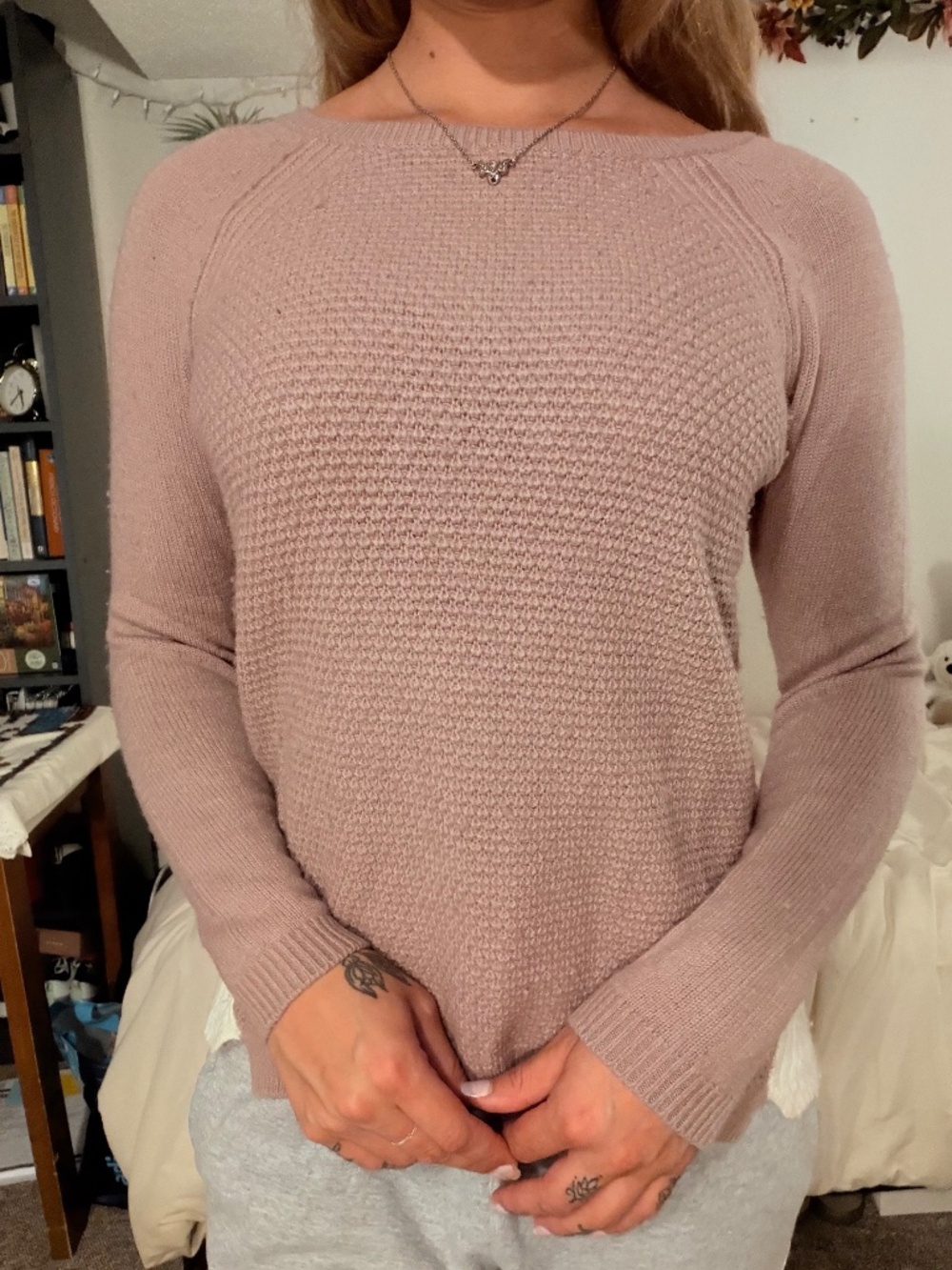light purple and cream sweater